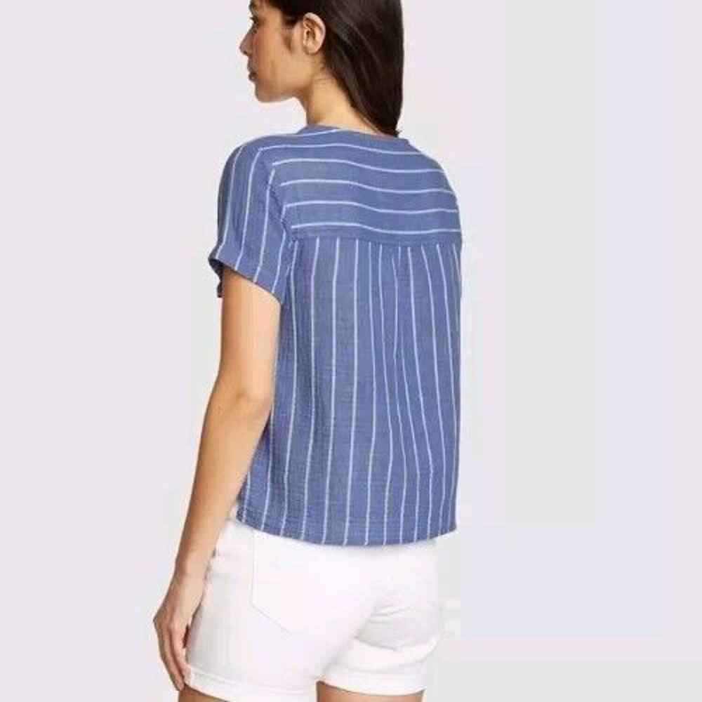 Eddie Bauer Carry On Shirred Short Sleeve Shirt XL Bluebird Boxy Relaxed Fit NEW - Picture 5 of 14
